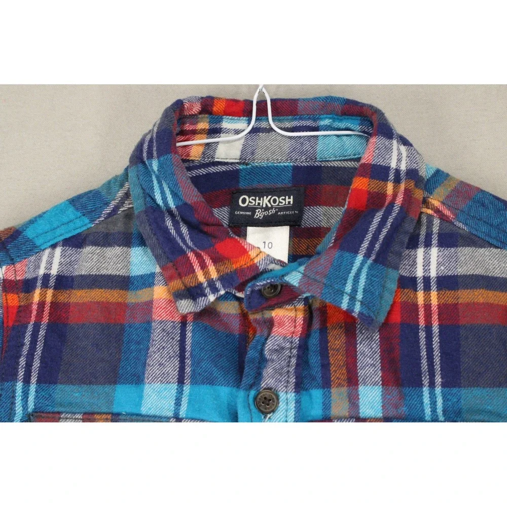 OshKosh Bgosh Kids Blue Orange Plaid Flannel Button Up Shirt Size 10 Casual